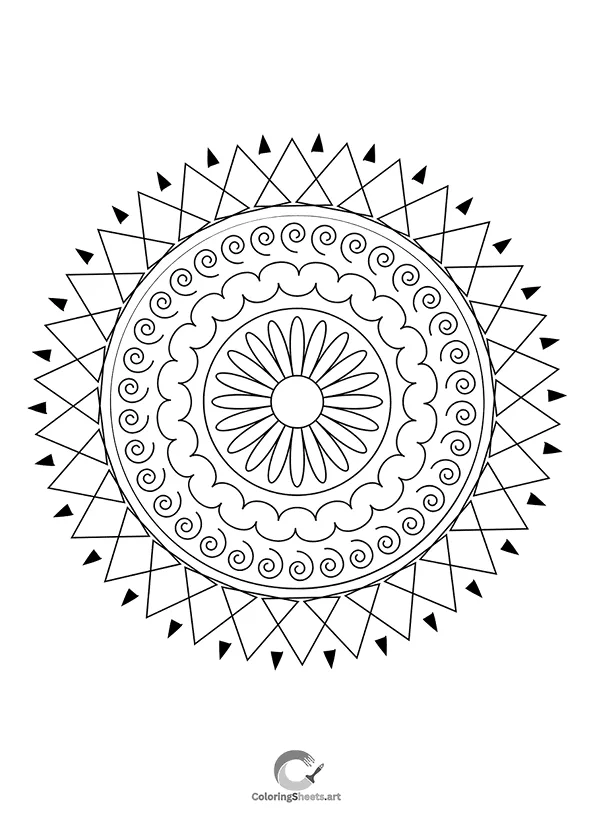 Intricate mandala with geometric shapes and spiral patterns.
