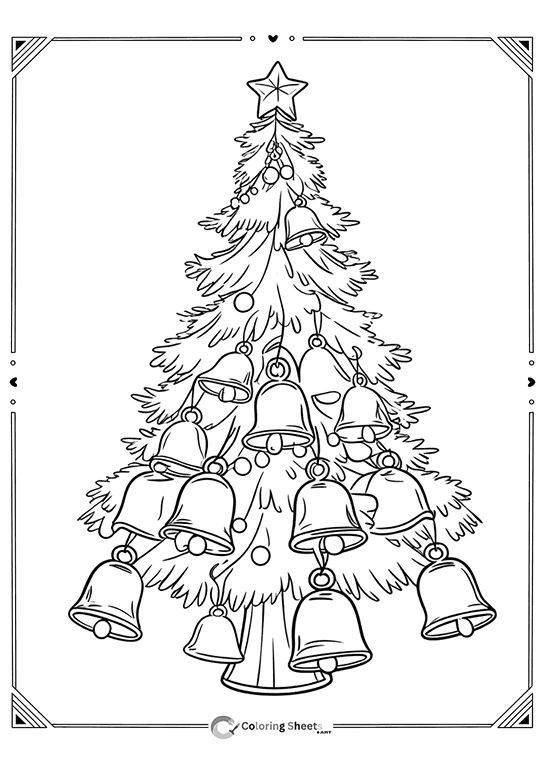 Cheerful Christmas tree decorated with jingle bells – festive tree coloring for children.