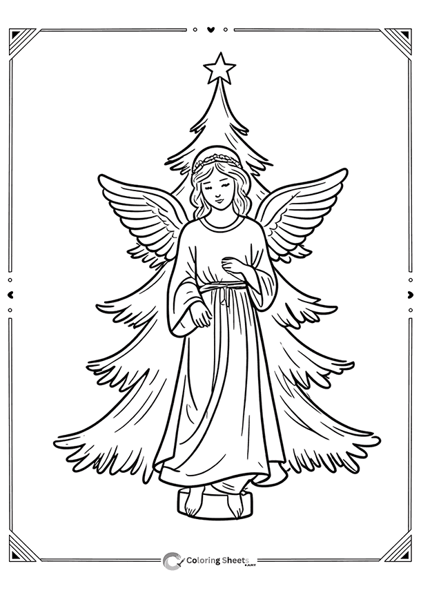 Peaceful angel standing in front of a classic Christmas tree.