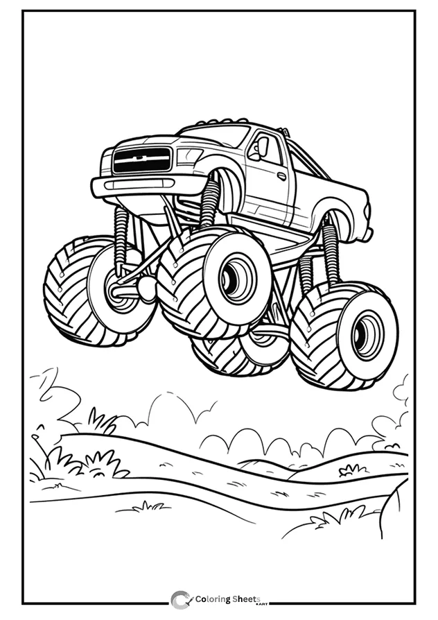 Coloring page of a monster truck making a very high jump in the air.