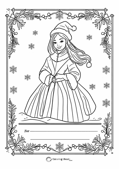 Cute girl in winter coat holding a gift tag for Christmas coloring fun.