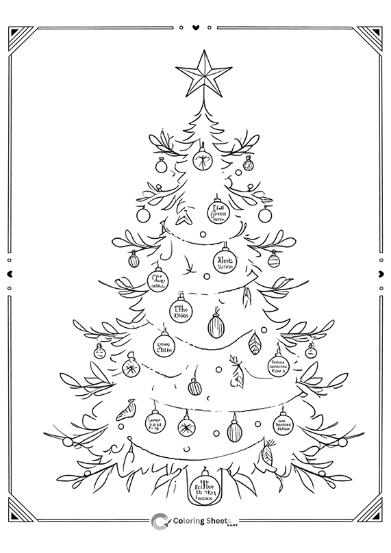 Christmas tree with family ornaments to personalize and color.