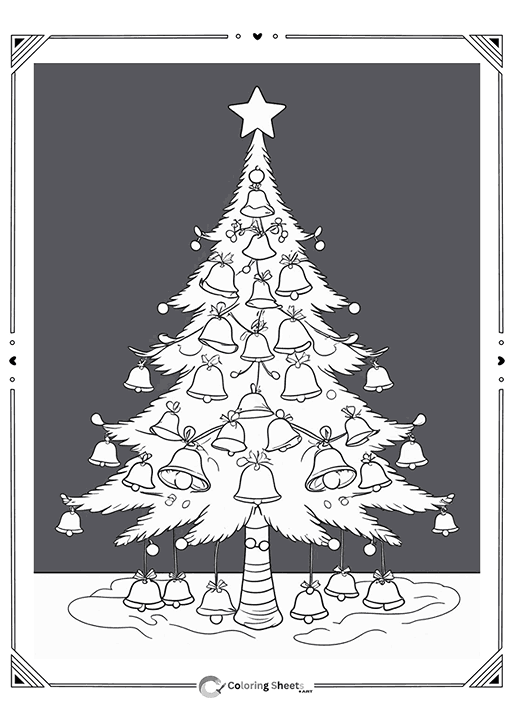 Jingle bell Christmas tree with chalkboard style – high contrast holiday coloring page.