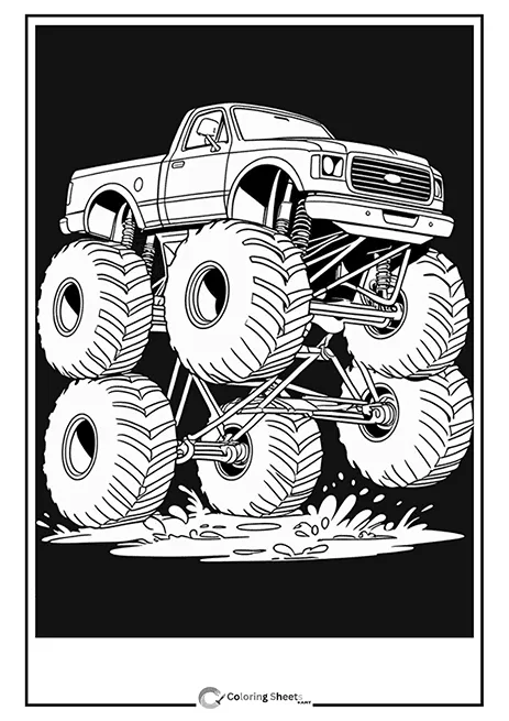 Unique coloring page of a monster truck with a white outline on a black background.