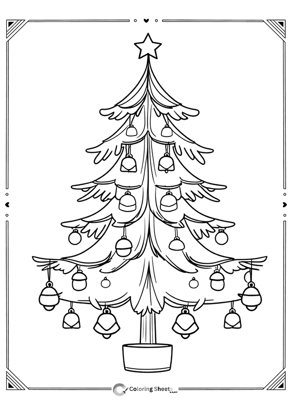 Simple tree with hanging bell ornaments – relaxing minimalist Christmas coloring design.