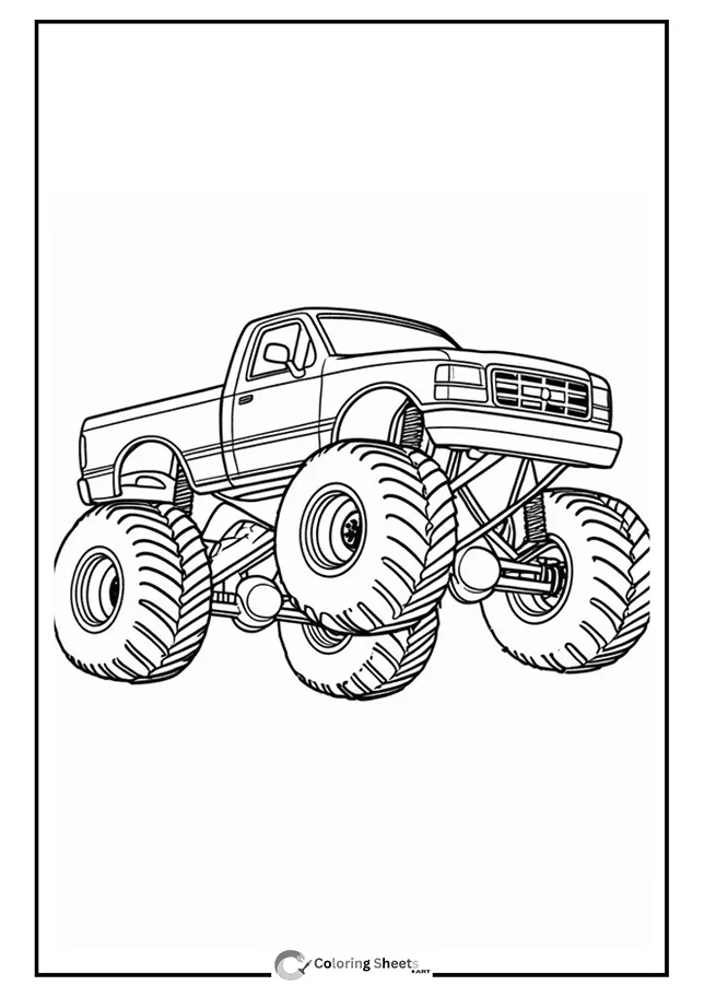 Simple side-profile view coloring page of a monster truck for kids.
