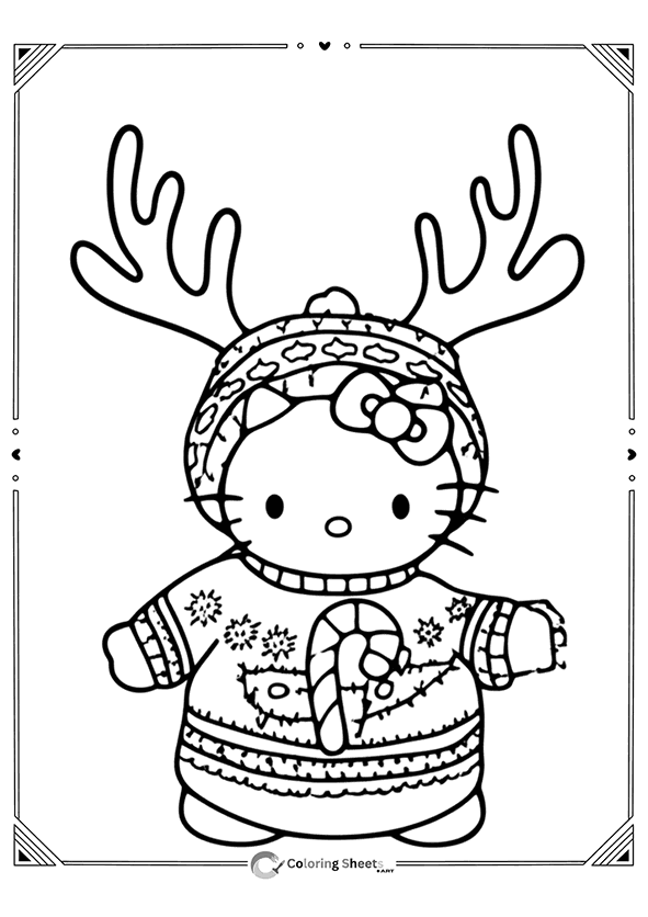 Hello Kitty surrounded by wrapped Christmas presents and wearing a Santa hat.