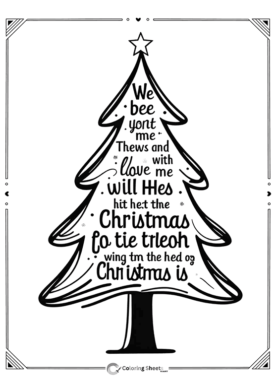 Christmas tree formed from bold seasonal words for coloring.