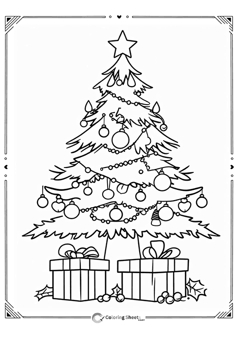 Christmas tree with garlands and two presents – morning gift scene coloring activity.