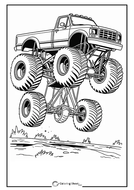 Detailed coloring page of a monster truck jumping in the air, showing its suspension system.