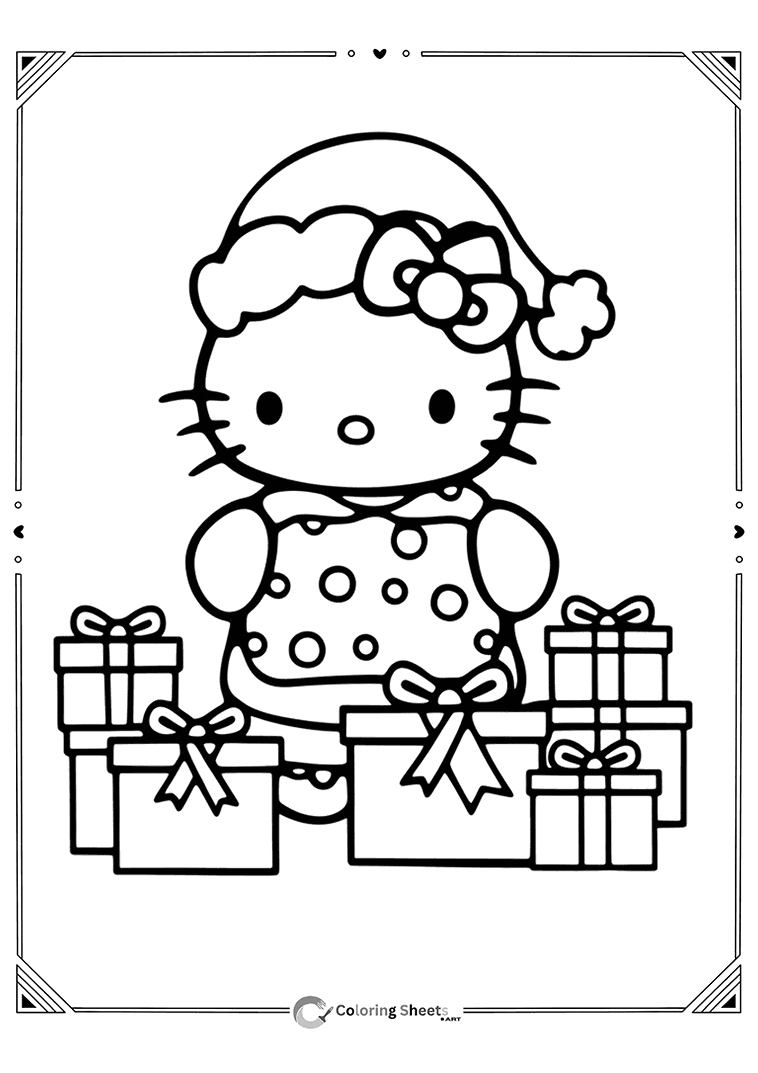 Hello Kitty in cute Christmas pajamas holding a special gift.