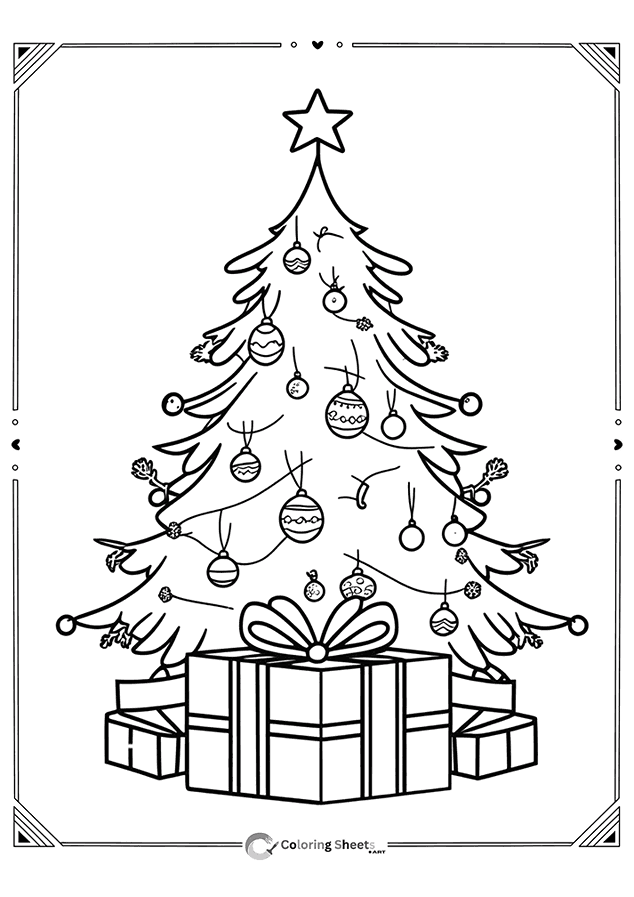 Tree loaded with colorful presents – Christmas morning gift coloring sheet for kids.