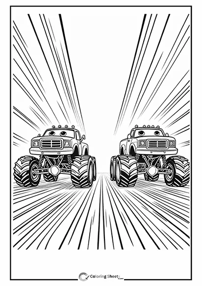 Coloring page of two monster trucks racing against each other.
