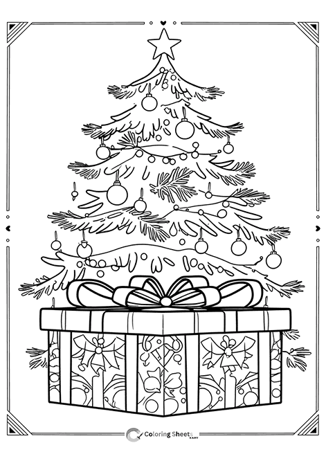 Giant wrapped gift in front of tree – surprise-themed Christmas coloring image.