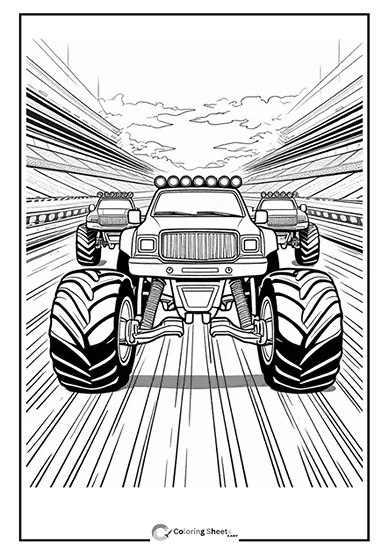 Racing coloring page of three monster trucks, with one in the lead.