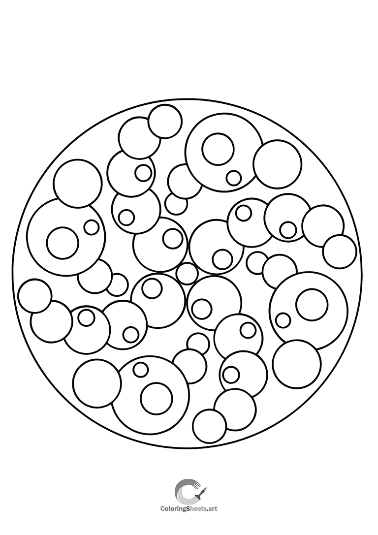 A playful mandala with floating bubbles and circles, perfect for relaxing coloring for all ages.
