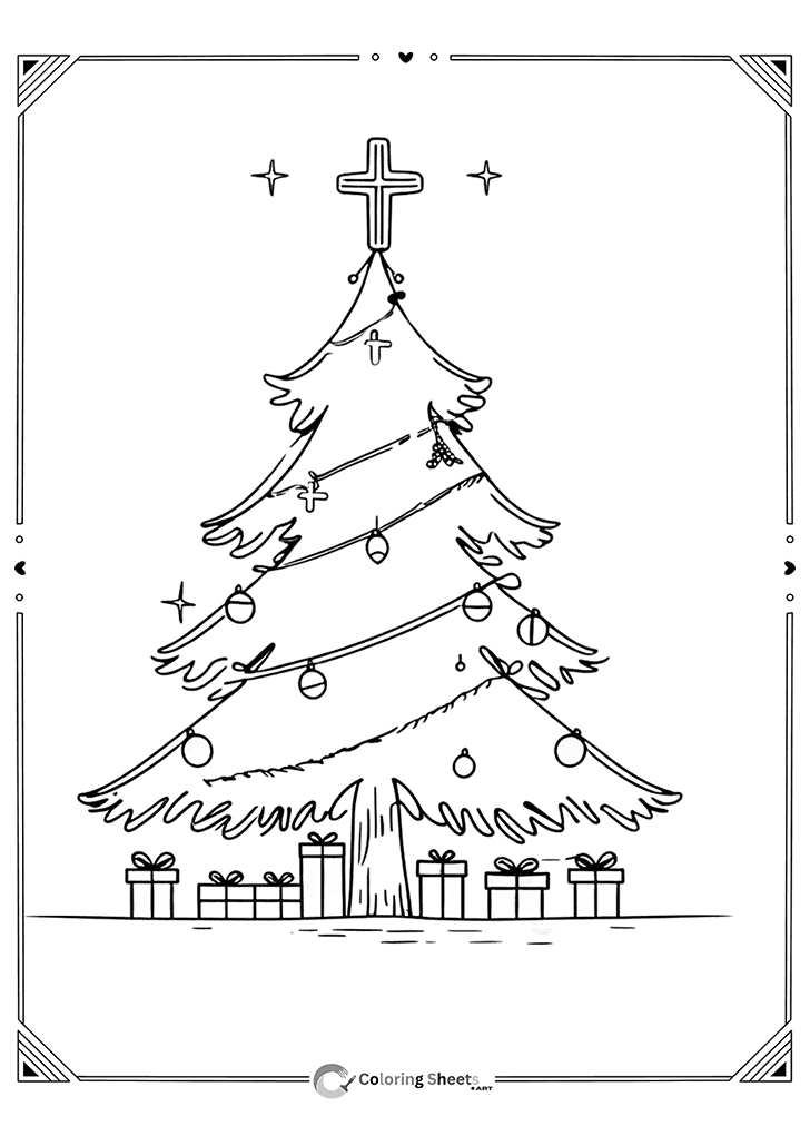 Cross-topped Christmas tree surrounded by wrapped gifts.