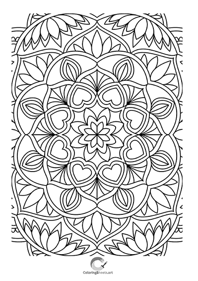 Lotus and heart mandala for peaceful, spiritual coloring.
