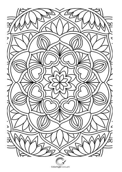 Lotus and heart mandala for peaceful, spiritual coloring.