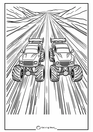 Coloring page of two monster trucks speeding down a long race track.