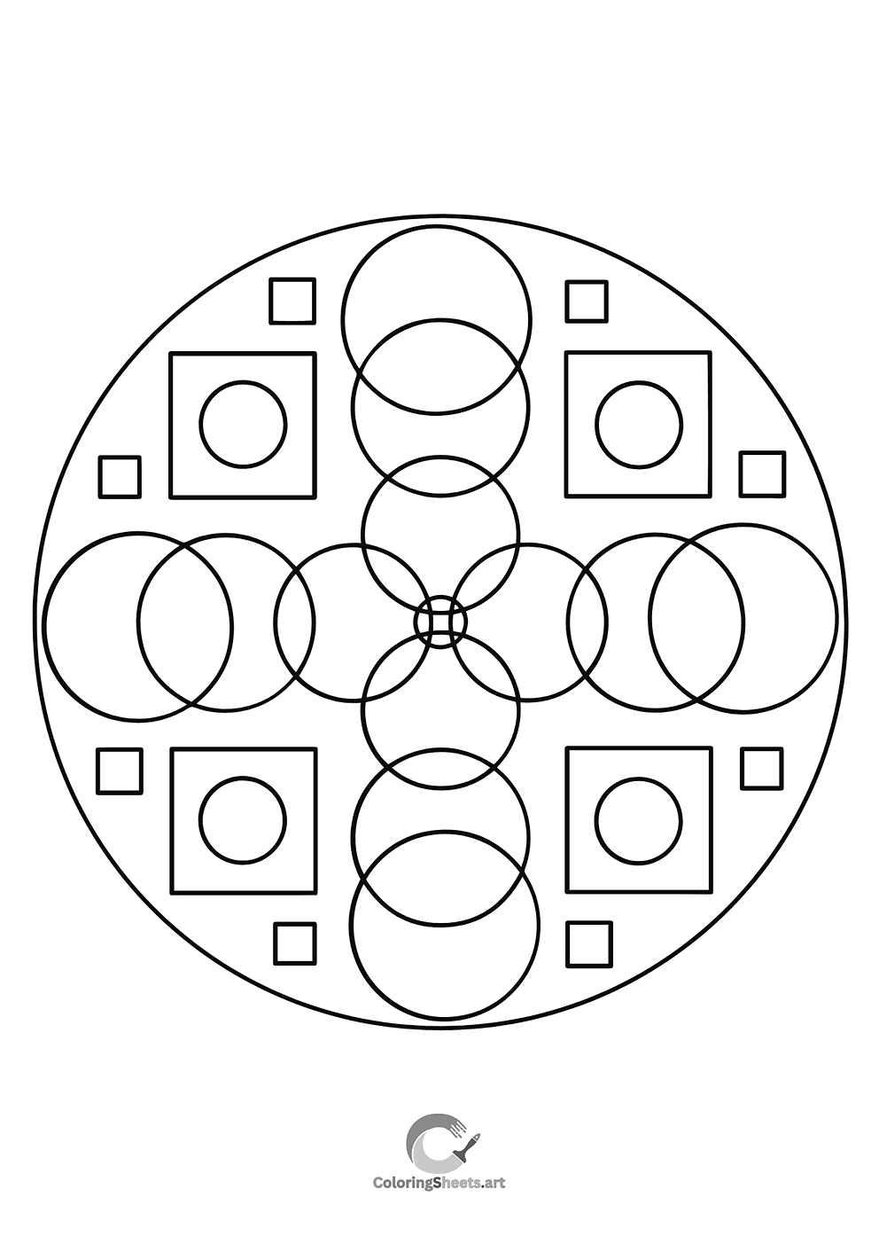 Geometric mandala of intersecting circles and squares for bold color play.