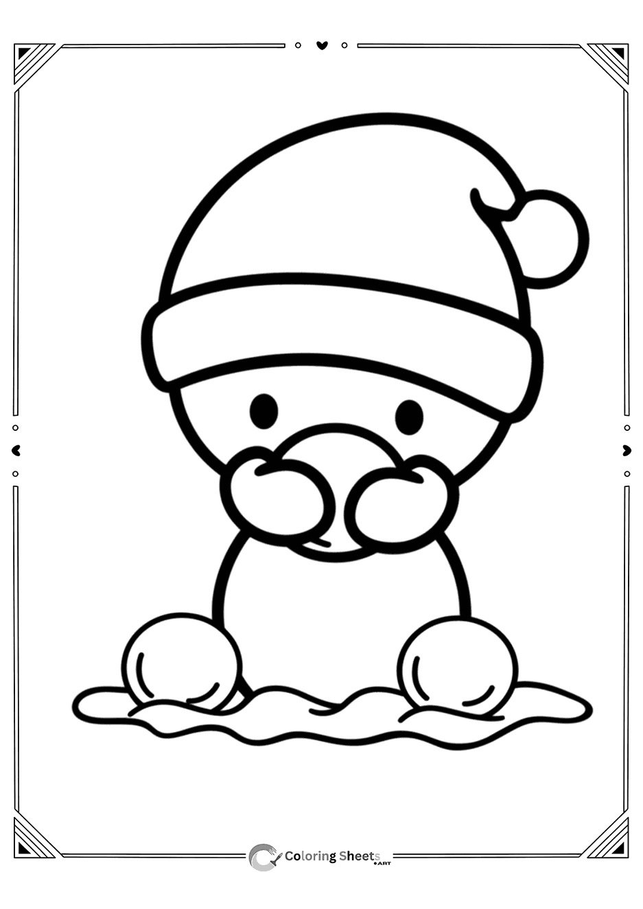 A kawaii snowman wearing a Santa hat, ready for festive coloring.