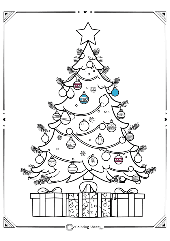 Decorated tree with snowflakes and partially colored presents – inspirational coloring page.