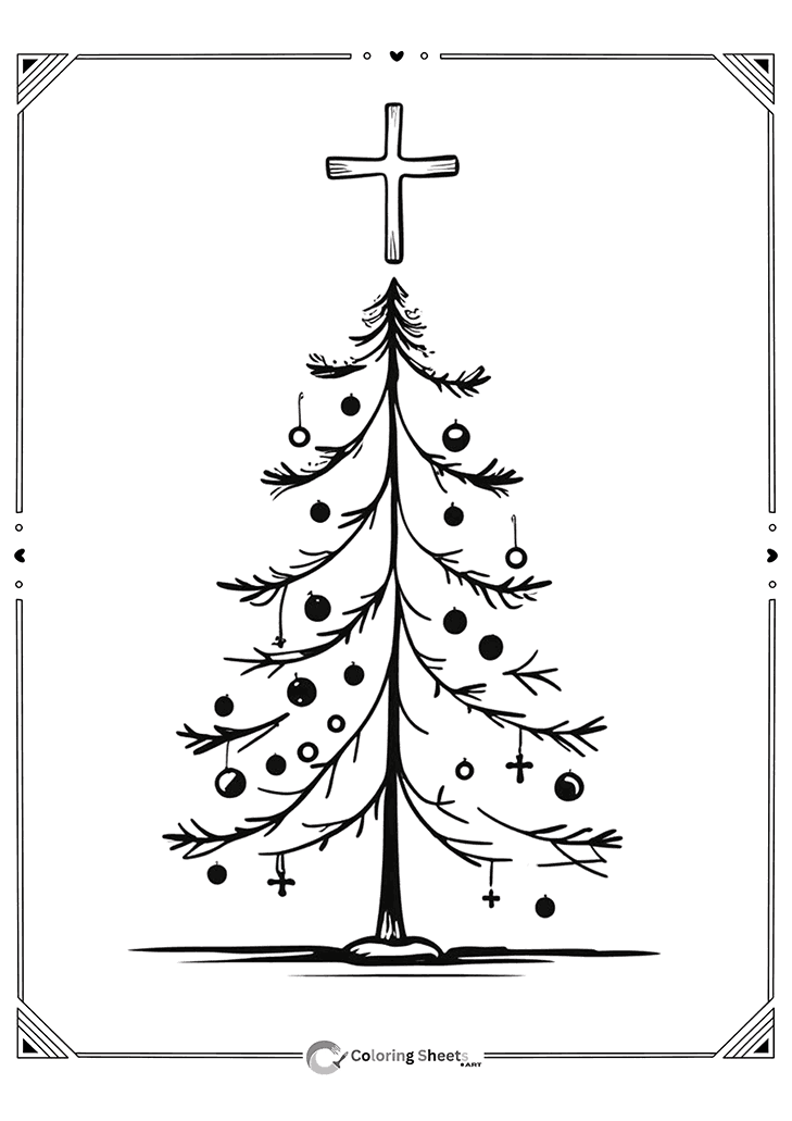 Simple rustic Christmas tree with cross and light ornaments.