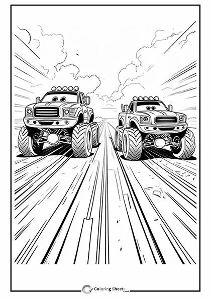 Coloring page of two monster trucks racing under the clouds in an open field.