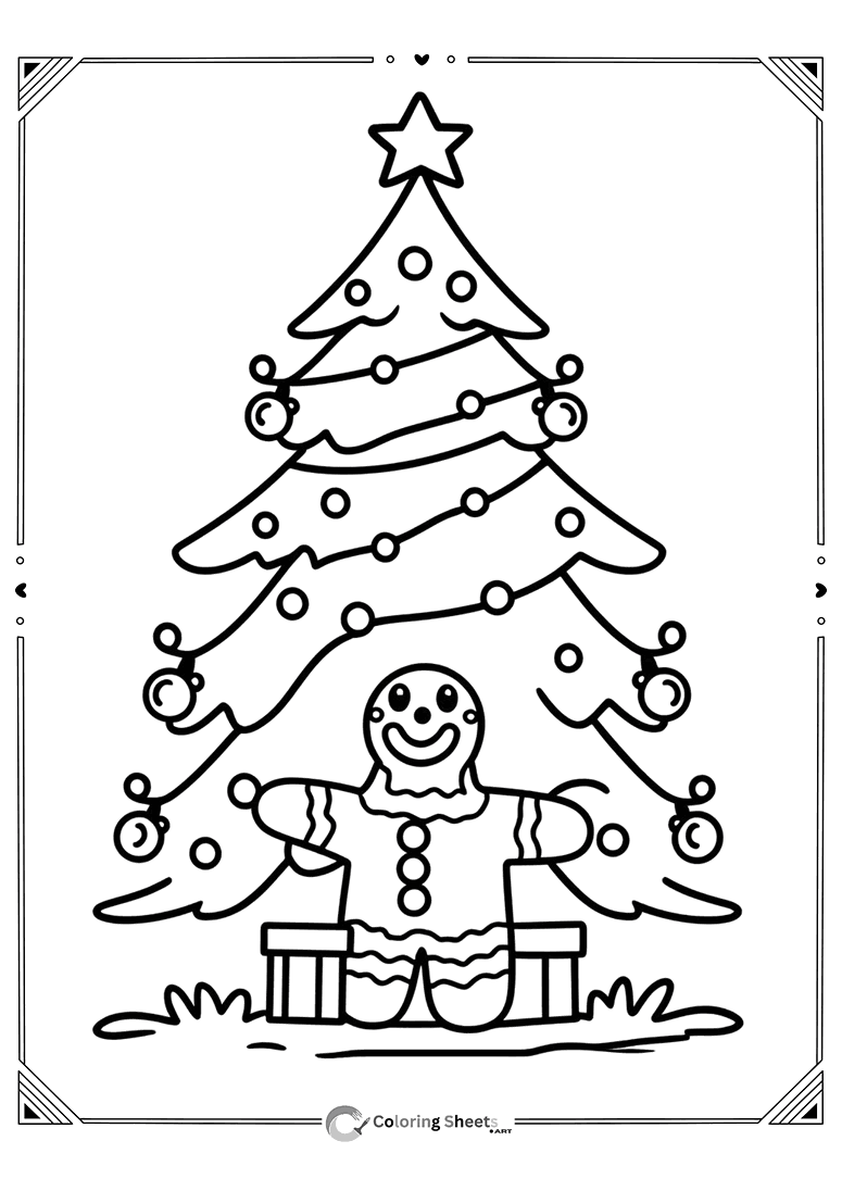 Cute gingerbread man with a gift by the Christmas tree – sweet holiday coloring fun.
