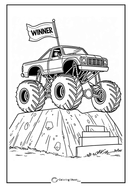 Coloring page of a winner monster truck on a podium with a 'WINNER' flag.
