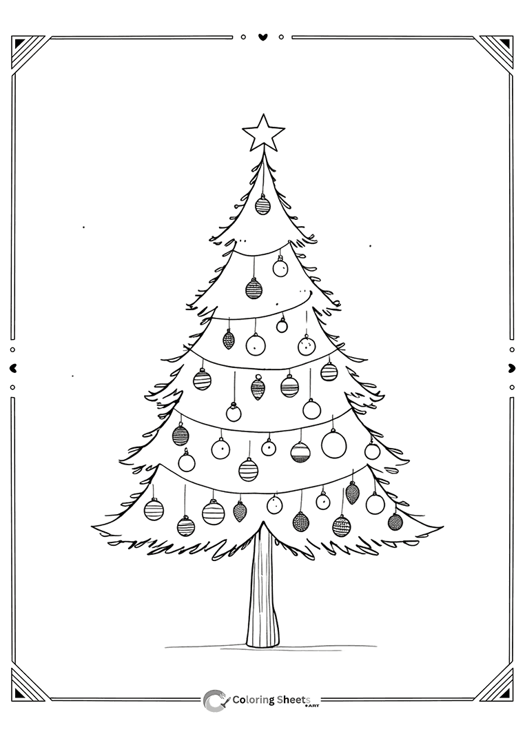 Tree decorated with striped baubles and detailed patterns for coloring.