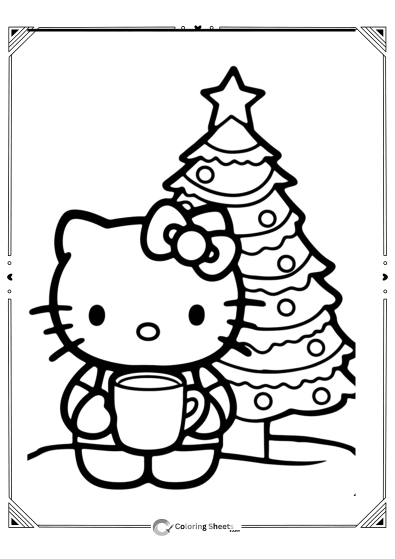 Hello Kitty drinking hot chocolate next to a Christmas tree.