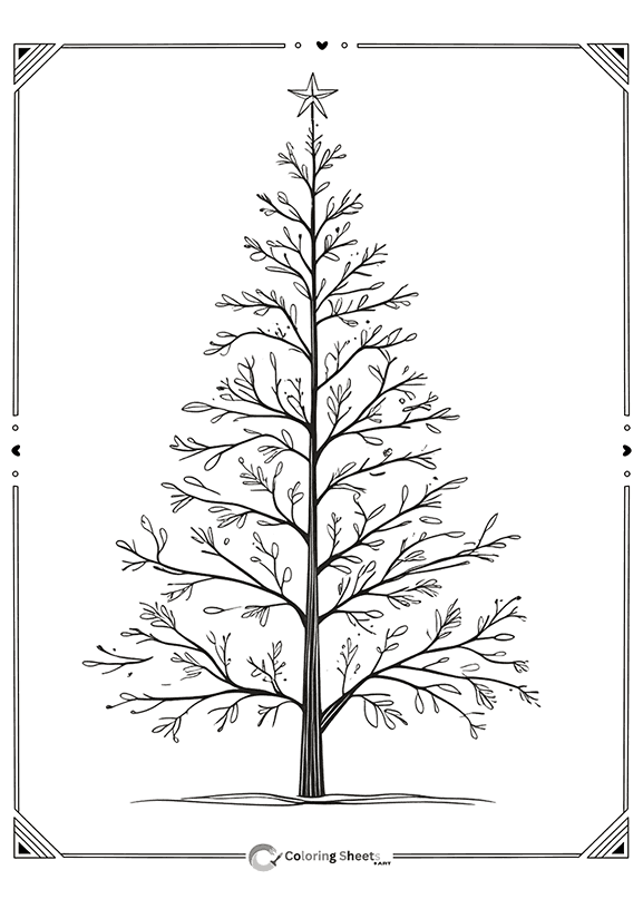 Elegant Christmas tree with leafy branches for artistic coloring.
