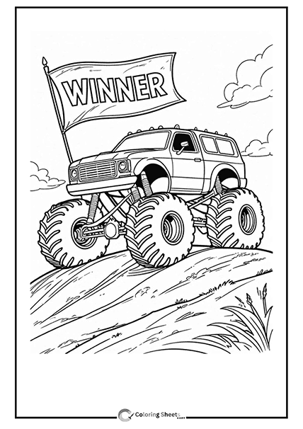 Coloring page of a winner monster SUV on a hill with a 'WINNER' flag.