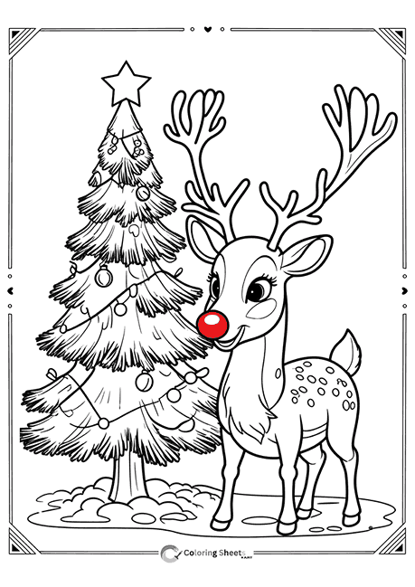 Rudolph the red-nosed reindeer next to tree – classic holiday reindeer coloring for kids.