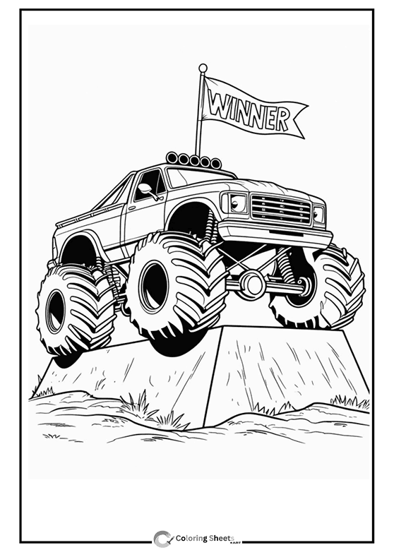 Coloring page of a winner monster truck posing on a rock with a 'WINNER' flag.