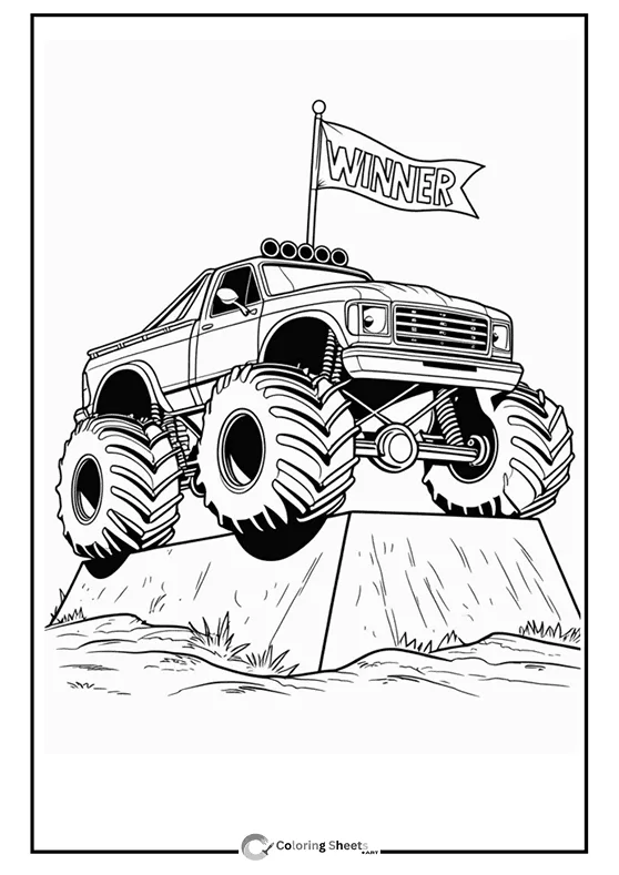 Coloring page of a winner monster truck posing on a rock with a WINNER flag.