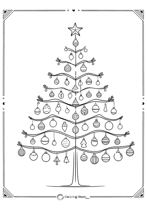 Brightly decorated Christmas tree with bells, mini trees, and classic ornaments.