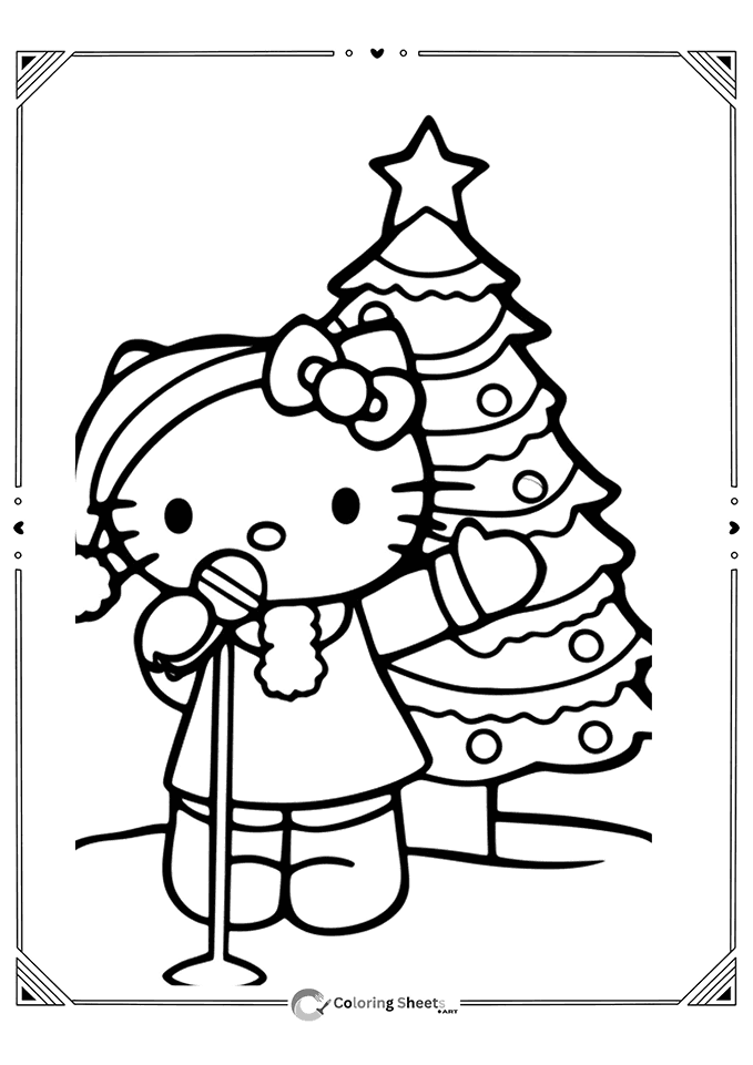 Hello Kitty singing Christmas carols next to a decorated tree.