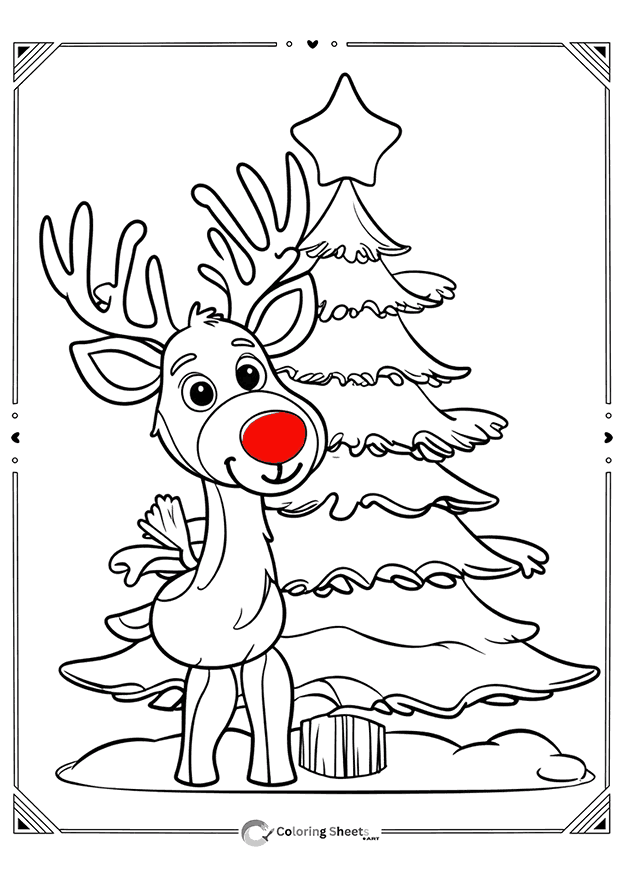 Adorable waving reindeer with red nose beside tree – fun festive coloring for little ones.