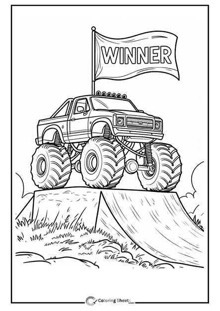 Coloring page of a winner monster truck on top of a ramp with a 'WINNER' flag.