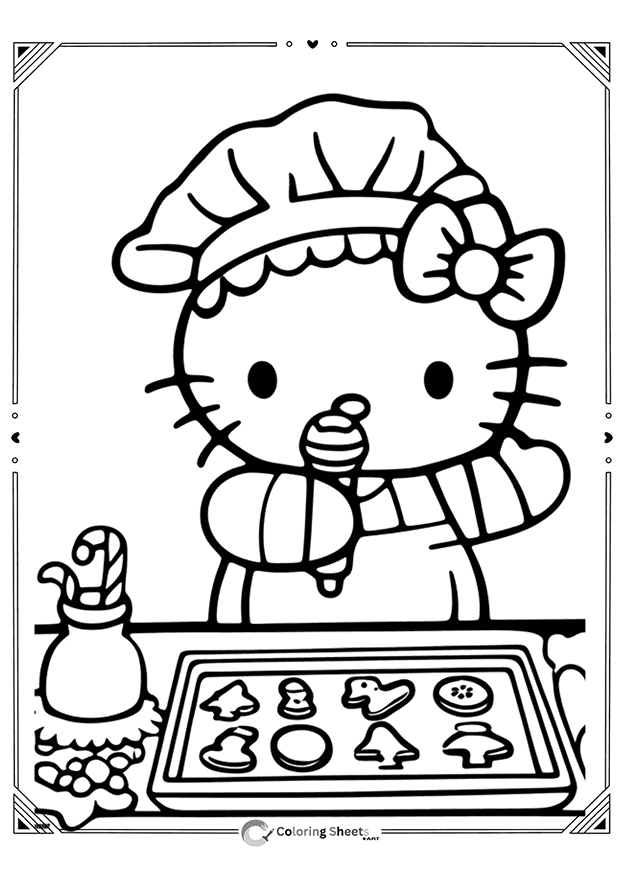 Hello Kitty baking and decorating colorful Christmas cookies.