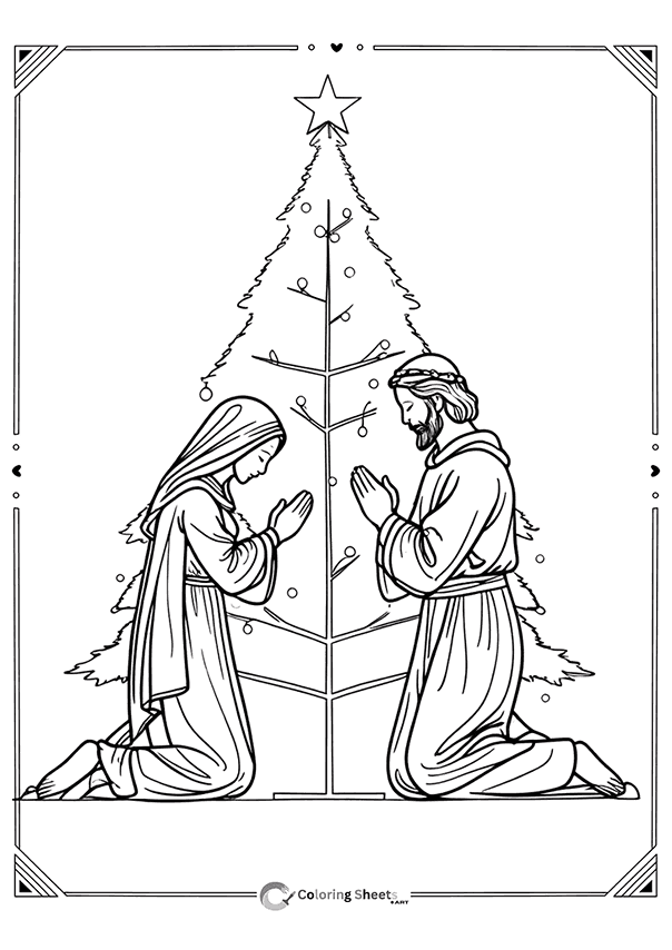 Mary and Joseph praying near a humble decorated Christmas tree.