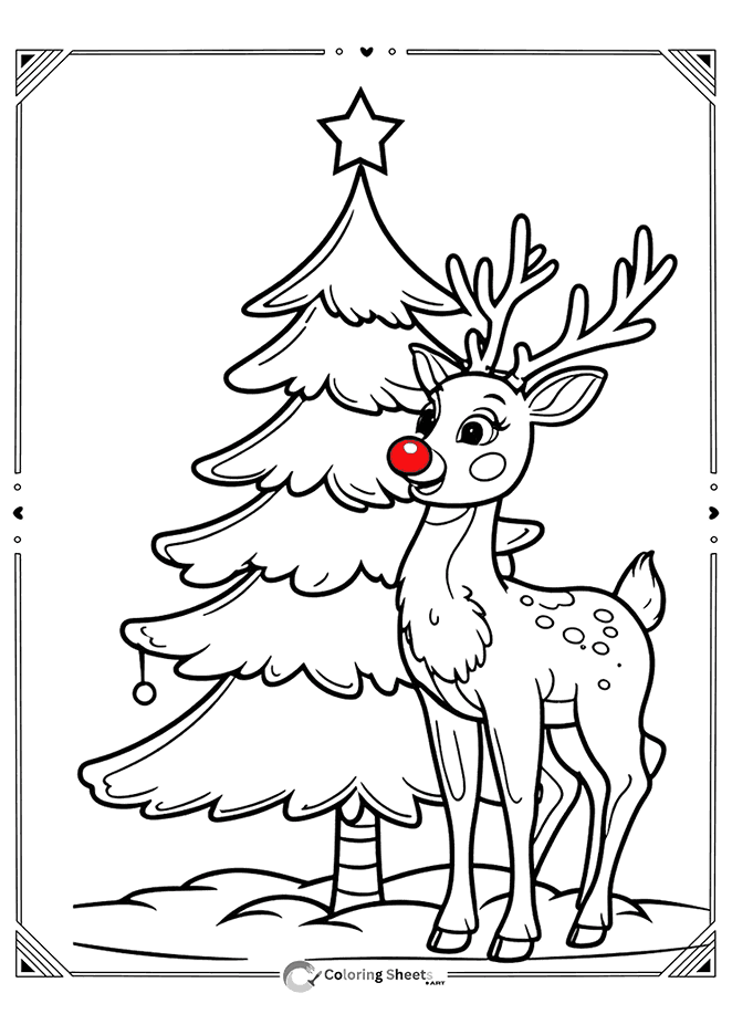 Peaceful reindeer near Christmas tree in snow – calm holiday scene coloring page.
