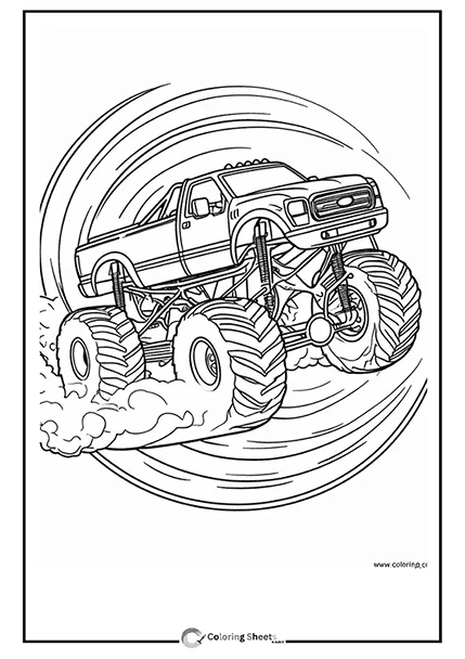 Action-packed coloring page of a monster truck drifting at high speed.