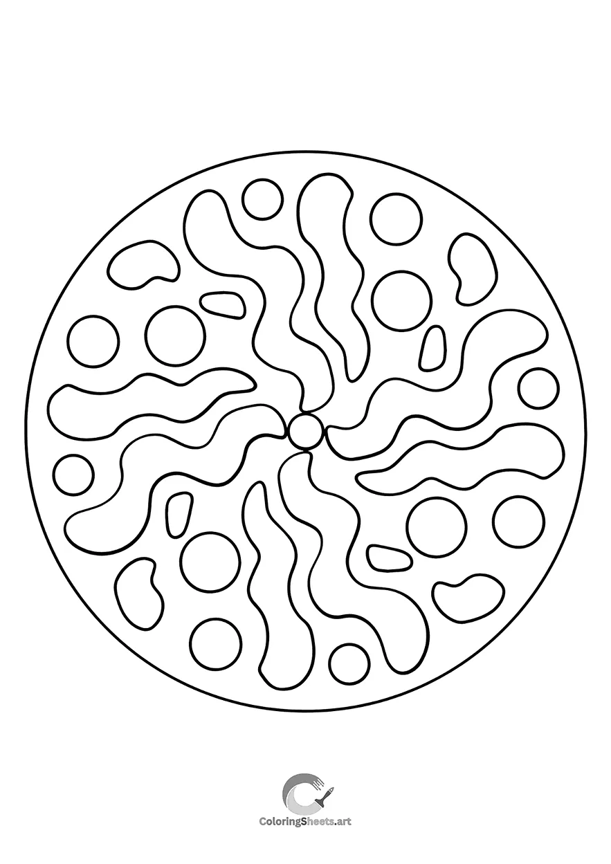 Whimsical mandala with wavy arms and happy dots radiating joy.