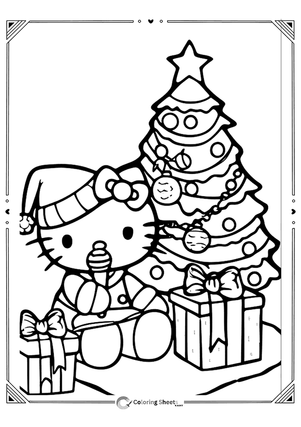 Hello Kitty enjoying Christmas gifts and a sweet treat beside the tree.
