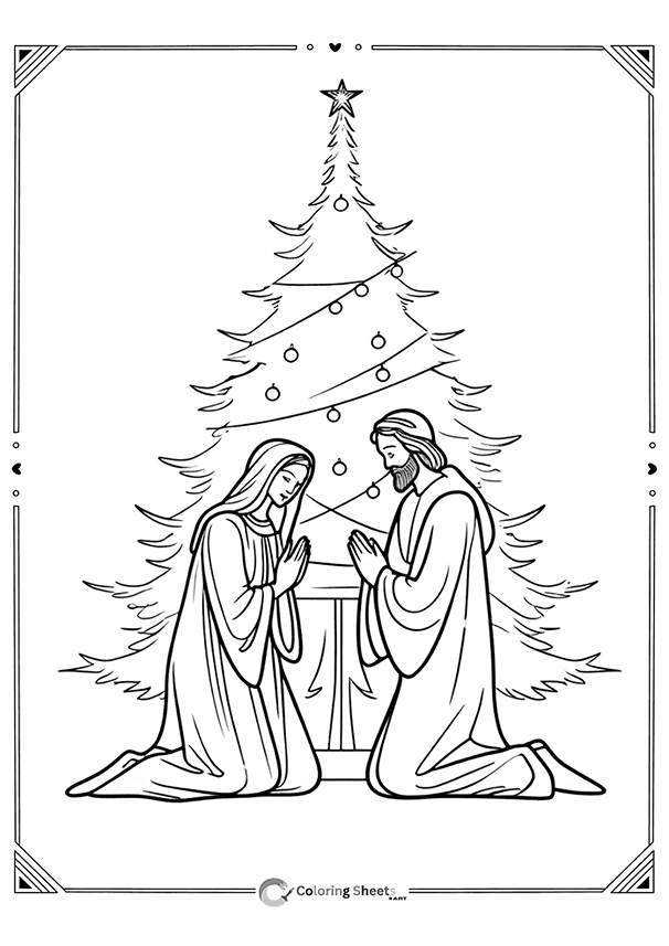 Serene prayer scene with Mary, Joseph, and Christmas tree.