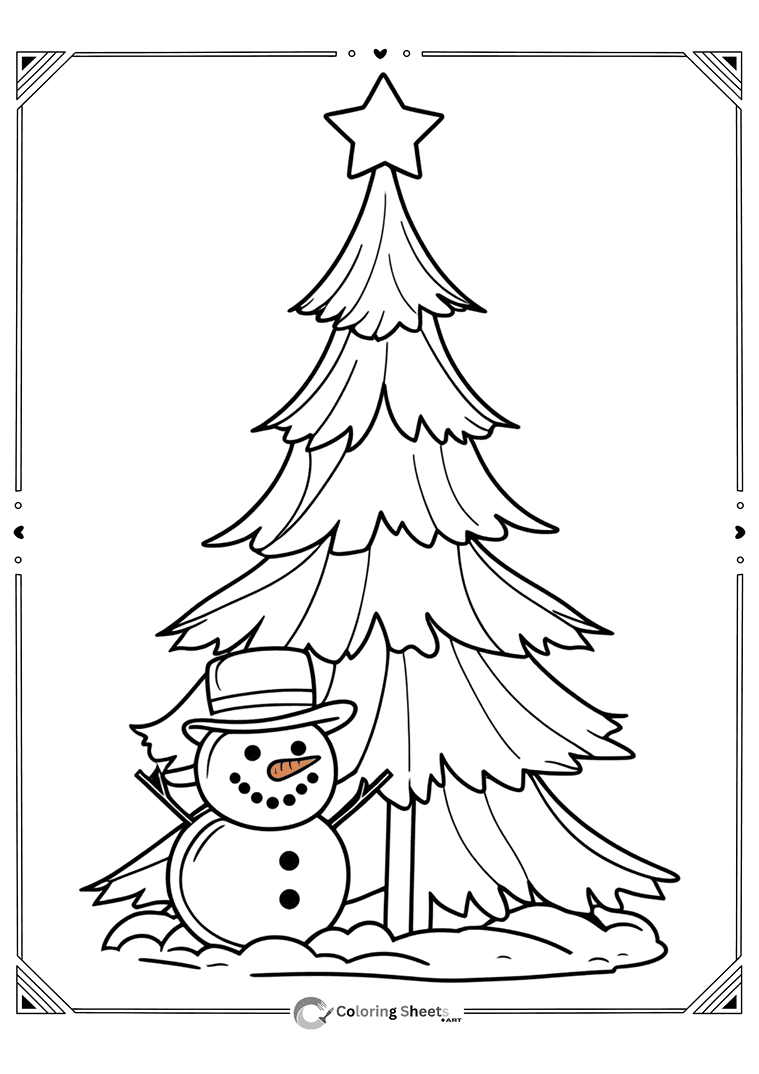 Frosty snowman with top hat beside pine tree – classic winter coloring page for kids.
